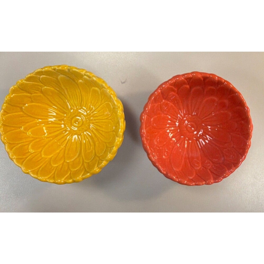 DWS/AMS Floral Embossed Ceramic Art Pottery Bowls Glossy Yellow Orange 2pc